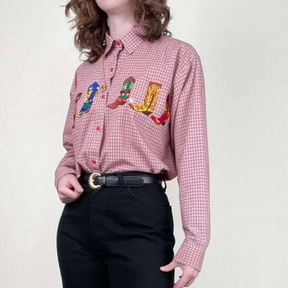 Vintage Embroidered Cowboy Boot Shirt Coastal Cowgirl Western Rodeo Top Blouse - Picture 7 of 13